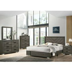Queen Grey Bedroom Set Dresser & Mirror Chest 1 Nightstand And Queen Bed All For Just $1,160 Financing Available Everything Is Brand New In Box