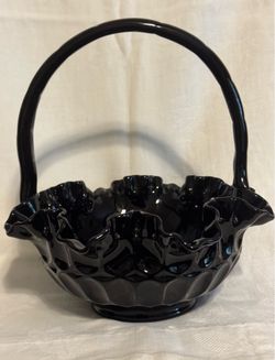 Fenton Ruffled Deep Black Handled Basket with Thumbprint Pattern. Approx 8” tall x 8” wide