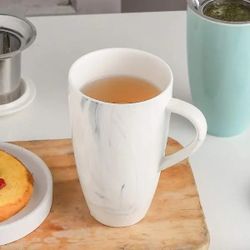 KOOV Porcelain Tea Cup with Infuser Basket and Lid, Teaware with Filter, 18 OZ (marble white)