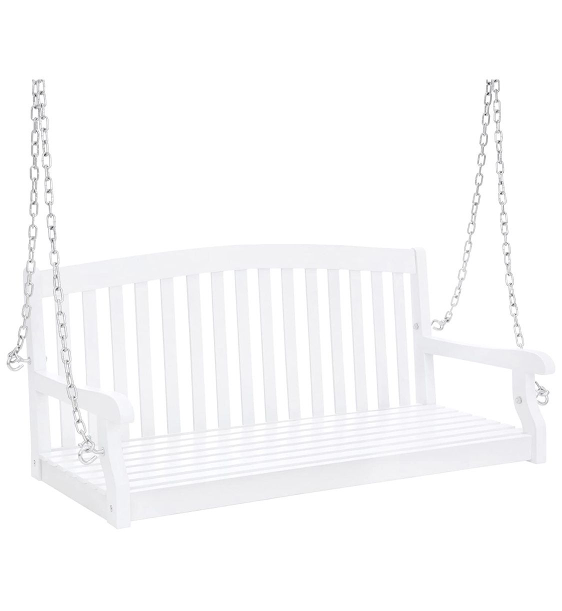 48in Wooden Curved Back Hanging Porch Swing Bench w/Metal Chains for Patio, Deck, Garden - White
