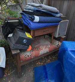 ALMOST FREE!!!   MISSION STYLE BENCH $20, MID CENTURY TABLE $20, WORKING 1960S SLIDE PROJECTOR ETC