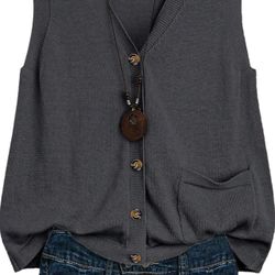 L size Women's Casual Lightweight V-Neck Button Up Real Pocket Cardigan Knitted Sweater Vest