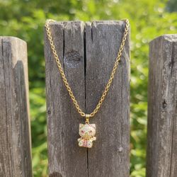 Hello Kitty Charm VVS CZ 14k Gold Filled In Brass With 18” Or 20” Twisted Rope Chain