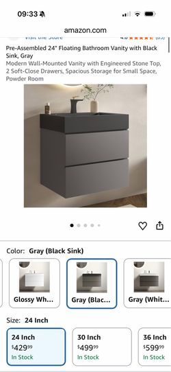 Pre-Assembled 24" Floating Bathroom Vanity with Black Sink, Gray Modern Wall-Mounted Vanity with Engineered Stone Top, 2 Soft-Close Drawers, Spacious 