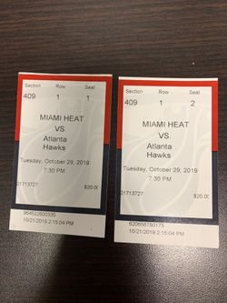 Miami Heat Vs Atlanta Hawks 2 tickets for tonight Section 409 Row 1 Seats 1,2 right on the aisle great view