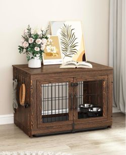 38 inch Wooden Dog Crate Furniture with 360° Rotatable Removable Dog Bowls, Dog Crate End Table with Tray, Double Doors Dog Kennels Indoor for Small t