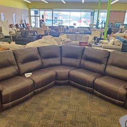 $39 Down Payment Dunleith Chocolate Leather Power Reclining Sectional Sofa 