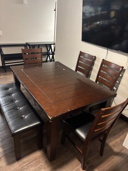 Dark Wood Dining Table Set with Chairs and Bench