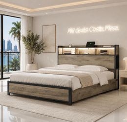 Full Bed Frame with Bookcase Headboard and 2 Drawers LED Lights Metal Platform, Full K-4