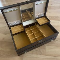 Vintage Mele Jewelry Box Two Tiered Display Case Storage Drawer Brown W/mirror