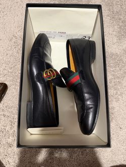 Gucci Black Leather Loafers with Red & Green Web and Gold Horsebit