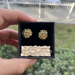 Gold Plated Nugget Earrings And Double Ring Size 10-11