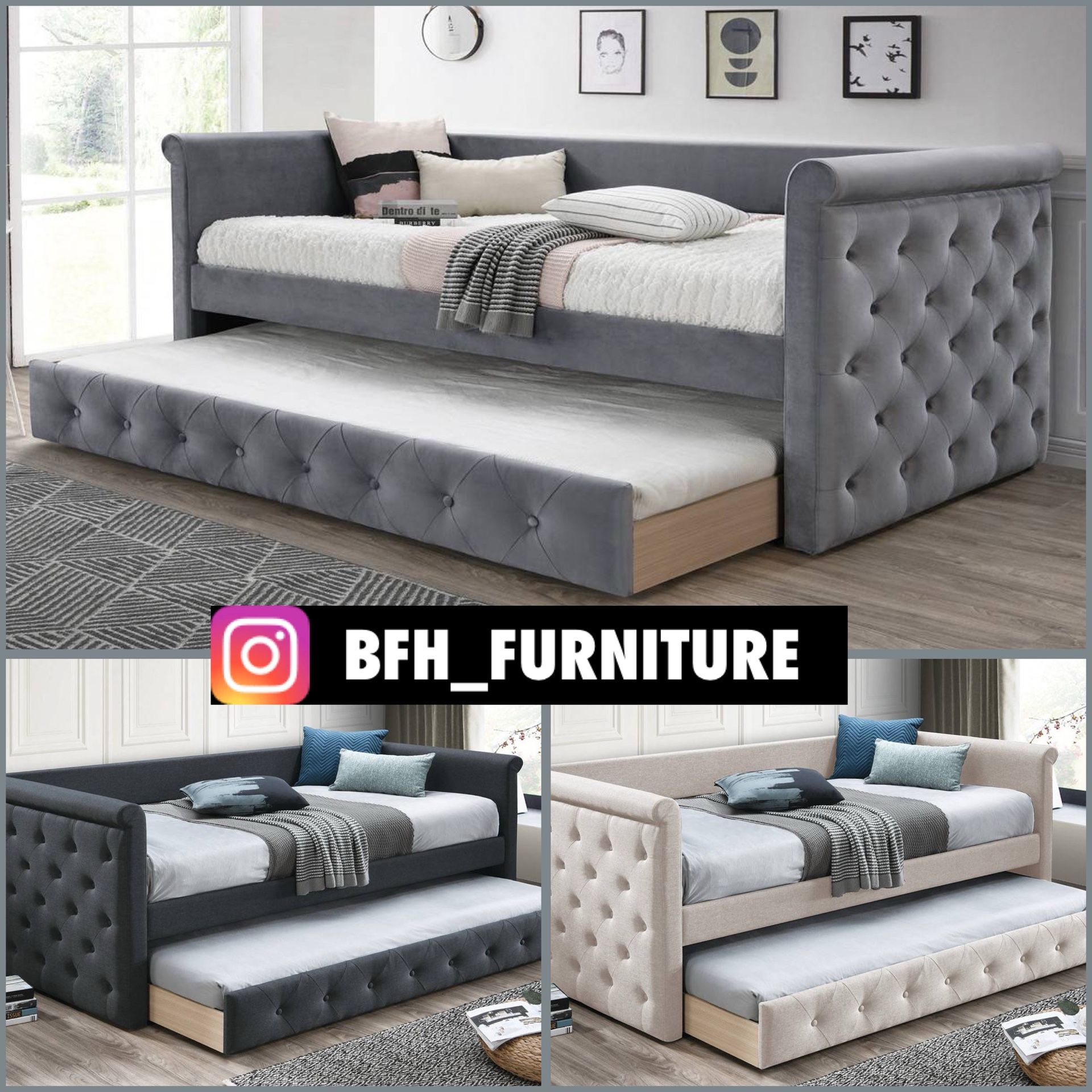 Twin/Twin Gray European Style Tufted Daybed w. Orthopedic Mattresses Included