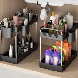 2 Pack Under Sink Organizer,2 Tier Under Sink Storage Organizer with Hooks and Hanging Cups for Bathroom