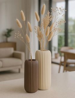 Fluted Cylinder Vases – Set of 2 (Brown + Cream)