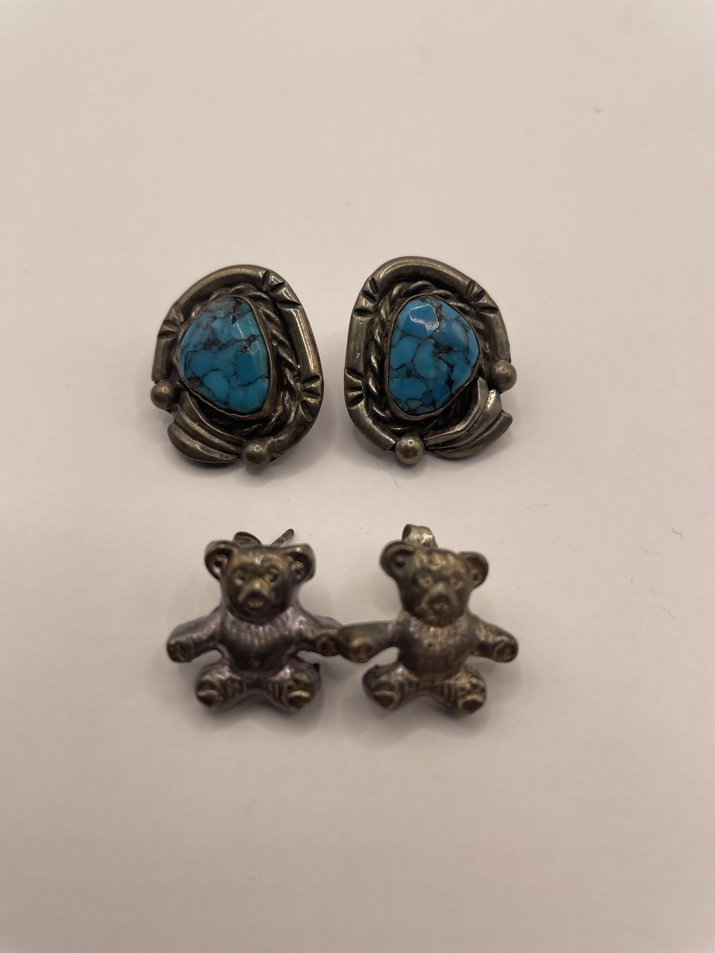 Silver Tone/ Turquoise Earrings & Silver Tone Pewter Teddy Bear Earrings