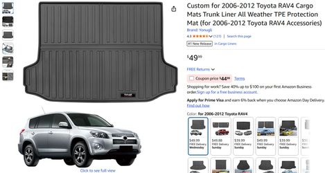 NEW 2006-2012 Toyota RAV4 Cargo Mats Trunk Liner All Weather TPE Protection Mat