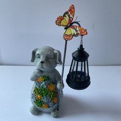Dog Garden Statue with Solar Lantern and Butterfly