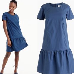 NWT $130 J.Crew Blue Drop Waist Knee Length Poplin Dress XS