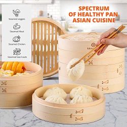 KITCHEN CRUST Full Set Bamboo Steamer for Authentic Chinese Asian Cuisine - 2 Tier 10-Inch Steam Basket Bun Steamer, Sauce Dish, 2x Pair Chopsticks, 2