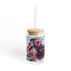 “Mermaid-Inspired 16oz Sipper Glass w/ Bamboo Lid & Straw – Trendy Tumbler for Iced Coffee, Smoothies & Summer Refreshments!” 