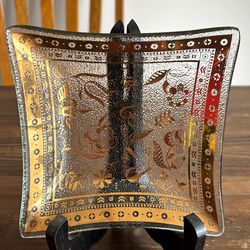 Vintage MCM 1960’s geometric glass tray dish Georges Briard Persian Garden 22kt gold gilt graphics
