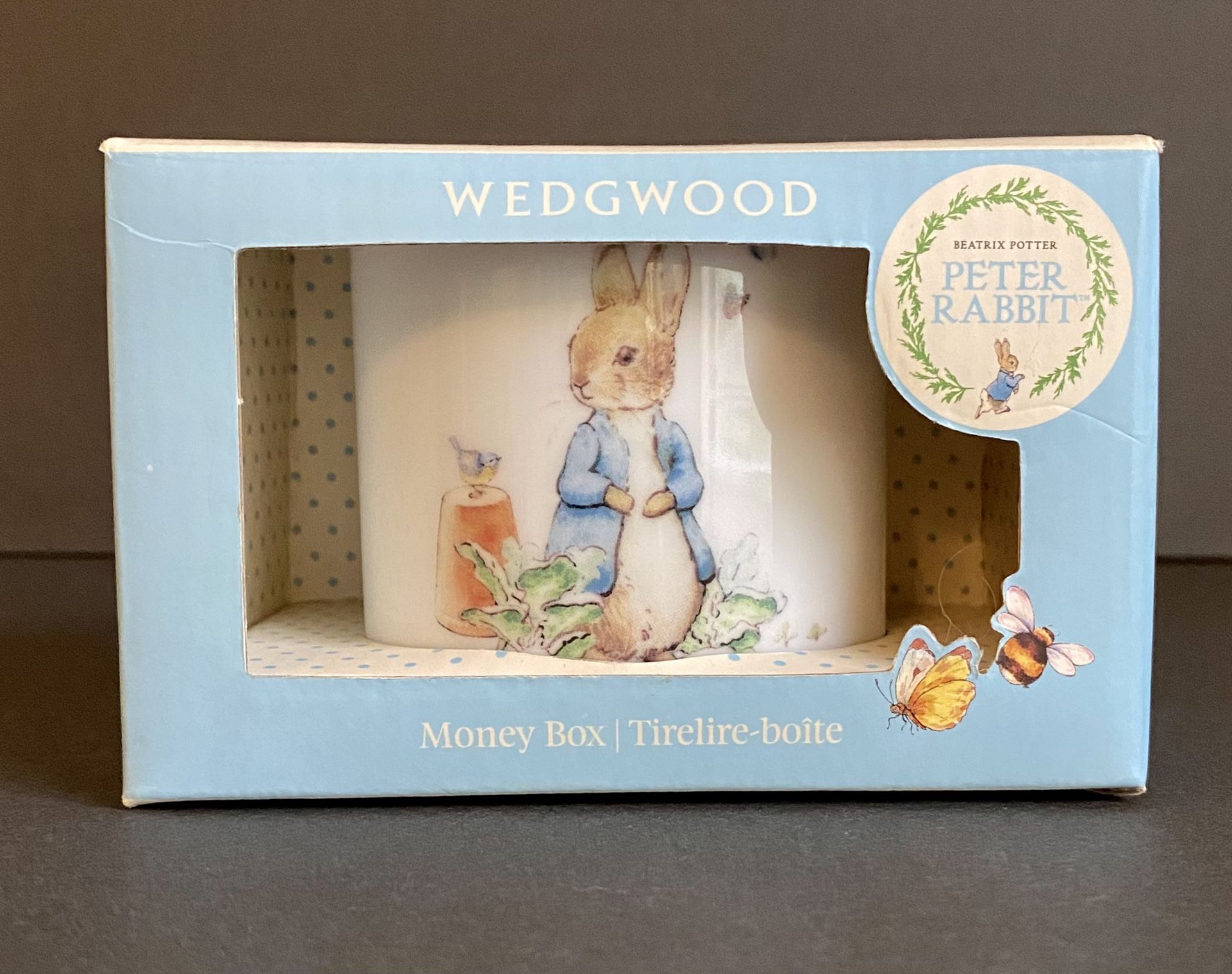 Wedgwood Beatrix Potter Peter Rabbit Blue Porcelain Money Box New/Box