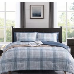 New Plaid Queen Comforter Sets, Light Blue Grid Farmhouse Bedding Set Bed in A Bag, Classic Checkered Comforter Sets with Fitted & Flat Sheet, Pillowc