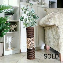  New Floor Vase, Rattan & Tree Slices Container with Artificial Plants  36"x12" vessel, container, pottery, faux plants, fake plants, home decor, boho