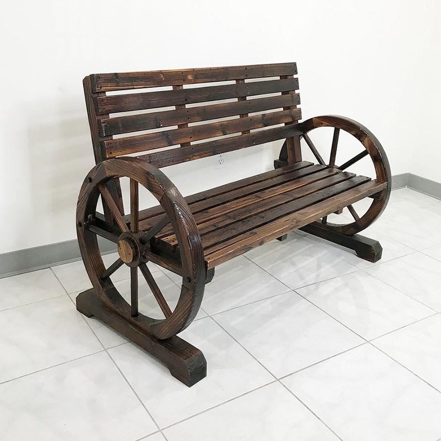 (NEW) $110 Large 50” Wide Patio Wooden Bench Rustic Wagon Wheels Outdoor Garden 50x23x34 Inches