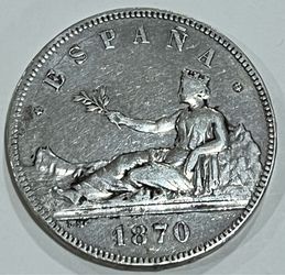 1870  Spain Provisional Gov’t 5 Pesetas  .900 Silver 25g