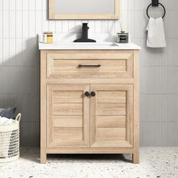 📿 $220! Home Decorators Collection - Hanna 30 in. Single Sink Freestanding Weathered Tan Bath Vanity with White Engineered Stone Top (Assembled) 📍 3