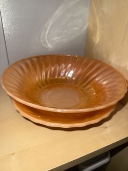 Anchor Hocking Fire-King Peach Luster Swirl Serving Bowl &plate