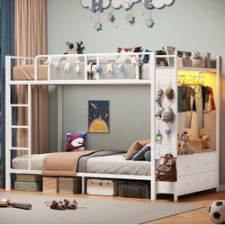 White Metal Bunk Bed with Storage and Wardrobe