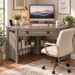 Rustic Gray Corner Desk with Drawer and Shelves