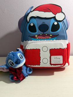 Disney Loungefly Santa Stitch Mini Backpack and Plush Keychain Set