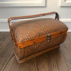 Vintage Hand Woven Bamboo Sewing Or Storage Basket.