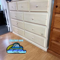 New White Wash Solid Pine Wood Nine Drawer Long Dresser 