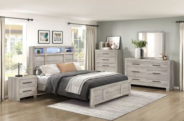 June Promotion Modern style grey bedroom set features LED light, bluetooth speakers
