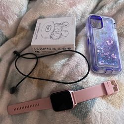 iPhone mini glitter liquid case and earbuds and watch
