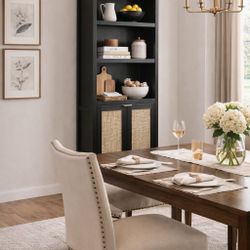 Bookshelf 5 Tier Rattan Boho Bookcase with Doors 