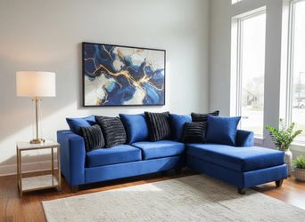 NEW IN BOX Blue  Sectional With Accent Pillows FINANCE AVAILABLE $54 down pmt