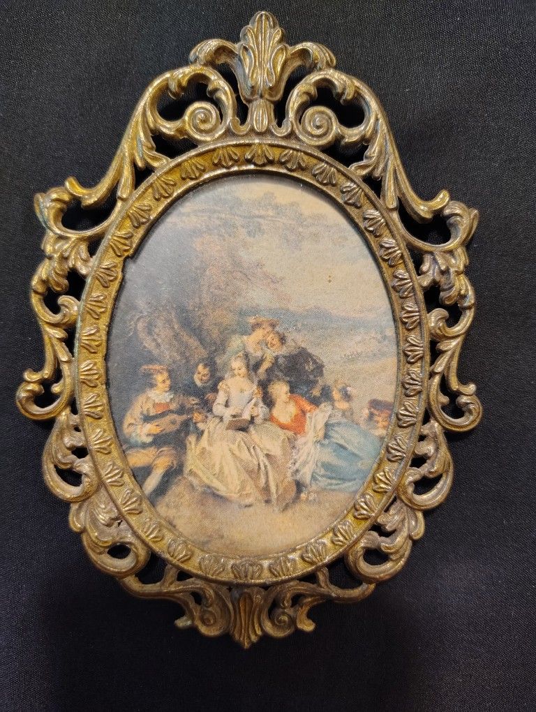 Beautiful condition. Vintage 1950's Italian Florentine Art In Elaborate Brass Frame-Excellent 5" tall 4" wide