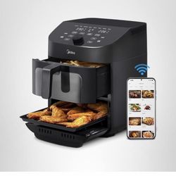 Midea Dual Basket Air Fryer Oven 11 Quart 8 in 1 Functions, Clear Window, Smart Sync Finish, Works with Alexa, Wi-Fi Connectivity, 50+ App Recipes for