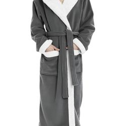 Femofit Women's Hooded Bathrobe Long Plush Flannel Robe Hooded Fleece Loungewear