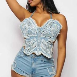 DIAMOND ACCENT DISTRESSED DENIM SHORT SET ‼️
