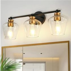 DORESshop 3-Light Black and Gold Bathroom Light Fixtures with Wine Glass Covers, Elegant Bathroom Lighting Fixtures Over Mirrors, Modern Vanity Lights