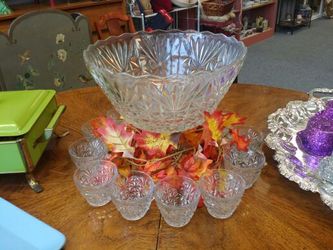 Glass punch bowl with base and 12 cups