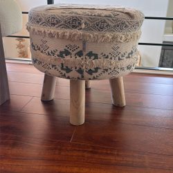 Boho Woven Stool With Wood Legs 