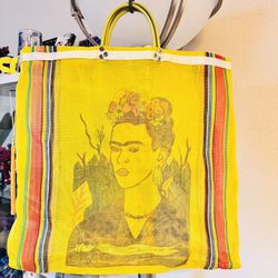 Frida Kahlo Yellow Nylon Mesh Tote Bag Colorful Market Shopper w/Rainbow Stripes